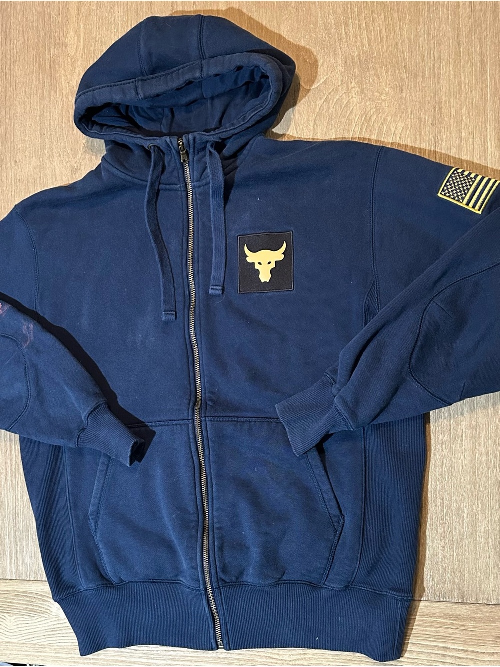 UA Project Rock Freedom Brahma Bull Zip Up Fleece Hoodie - Navy Blue / Yellow M